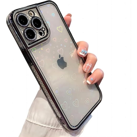 for iPhone Case,Luxury ElectroPlated Glitter Sparkle Sparkly Rhinestone Frame Love Heart Pattern Bumper Camera Lens Protection Soft Shockproof Phone Case (Black,iPhone 15 Plus)