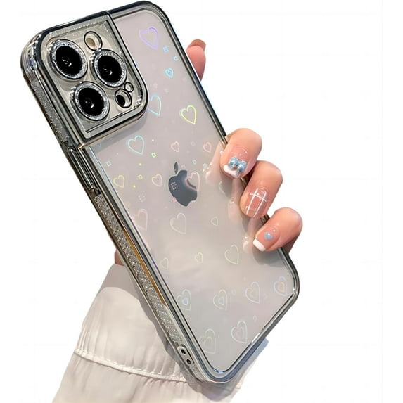 for iPhone Case,Luxury ElectroPlated Glitter Sparkle Sparkly Rhinestone Frame Love Heart Pattern Bumper Camera Lens Protection Soft Shockproof Phone Case (Silver,iPhone 13)