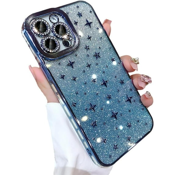 for iPhone Case,Luxury ElectroPlated Glitter Sparkle Sparkly Star Pattern Clear Camera Lens Protection Soft Shockproof Phone Case (Blue,iPhone 15 Pro)