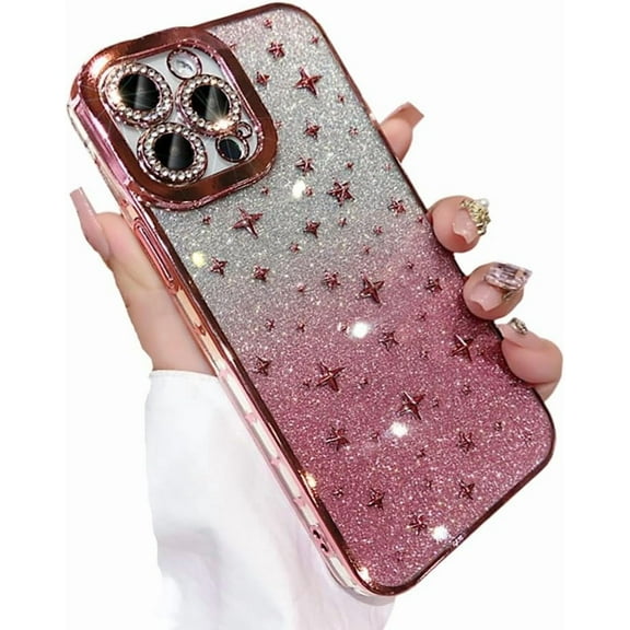 for iPhone Case,Luxury ElectroPlated Glitter Sparkle Sparkly Star Pattern Clear Camera Lens Protection Soft Shockproof Phone Case (Rose Gold,iPhone 11 Pro Max)