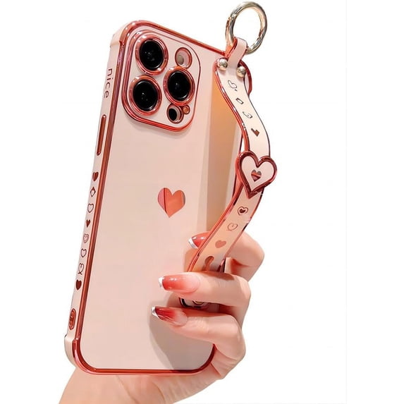 for iPhone Case,Luxury ElectroPlated Side Print Love Heart Pattern with Hand Bracelet Camera Lens Protection Shockproof Phone Case (Pink,iPhone 14 Plus)
