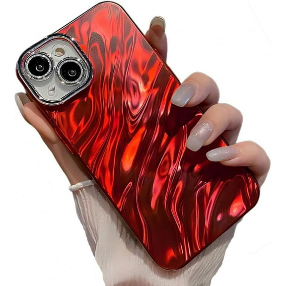 for iPhone Case,Luxury ElectroPlated Water Ripple Pattern Bumper Diamend Glitter Camera Lens Protection Soft Shockproof Phone Case (Red,iPhone 15 Pro)