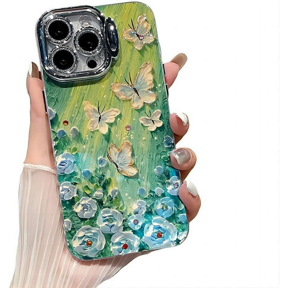 for iPhone Case,Luxury Oil Paint Blu-ray Glitter Rhinostone Butterfly Camera Lens Protection Kickstand Shockproof Phone Case (Green,iPhone 13 Pro Max)