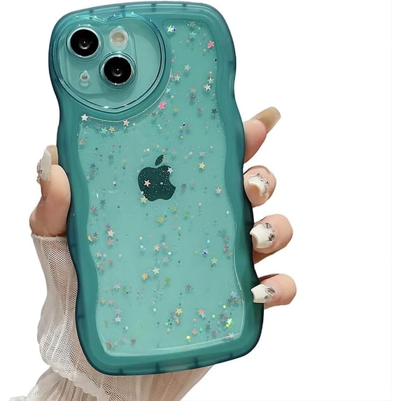 for iPhone Case,Luxury Water Wave Shape Frame Glitter Sparkle Sparkly Star Camera Lens Protection Soft Shockproof Phone Case (Green,iPhone 13 Pro Max)