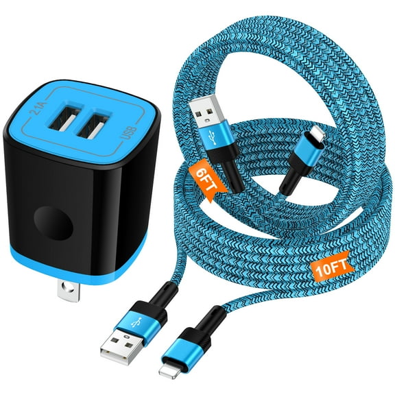 iPhone Charger,1Pack 2.1 Dual USB Charger Block w/ 2Pack Multi Charging Cables 6FT 10ft iPhone Charger Cords,USB Wall Charger Station Power Adapter USB Charging Block Compatible for iPhone 14/13/12