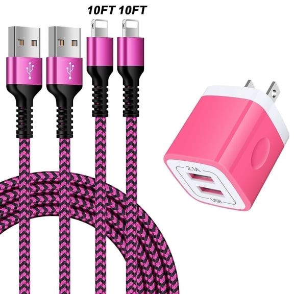 Compatible for iPhone Charger, 2 Pack 10FT USB Charging Cable+2 Port Wall Charger Block, Fast Charging Cord with USB Power Adapter Compatible for iPhone 14 13 12 11 Pro Max, iPad, AirPods(Pink)