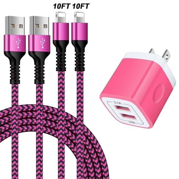 Compatible for iPhone Charger, 2 Pack 10FT USB Charging Cable+2 Port Wall Charger Block, Fast Charging Cord with USB Power Adapter Compatible for iPhone 14 13 12 11 Pro Max, iPad, AirPods(Pink)
