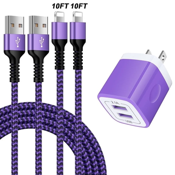 Compatible for iPhone Charger, 2 Pack 10FT USB Charging Cable+2 Port Wall Charger Block, Fast Charging Cord with USB Power Adapter Compatible for iPhone 14 13 12 11 Pro Max, iPad, AirPods(Purple)