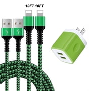 Compatible for iPhone Charger, 2 Pack 10FT USB Charging Cable+2 Port Wall Charger Block, Fast Charging Cord with USB Power Adapter Compatible for iPhone 14 13 12 11 Pro Max, iPad, AirPods(Green)