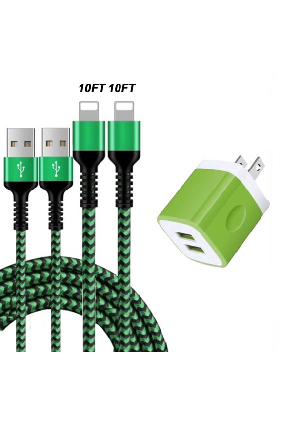 Compatible for iPhone Charger, 2 Pack 10FT USB Charging Cable+2 Port Wall Charger Block, Fast Charging Cord with USB Power Adapter Compatible for iPhone 14 13 12 11 Pro Max, iPad, AirPods(Green)