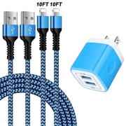 Compatible for iPhone Charger, 2 Pack 10FT USB Charging Cable+2 Port Wall Charger Block, Fast Charging Cord with USB Power Adapter Compatible for iPhone 14 13 12 11 Pro Max, iPad, AirPods(Blue)