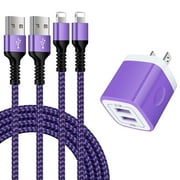 Compatible for iPhone Charger,2 Pack 6FT USB Charging Cable+2 Port Wall Charger Block,Fast Charging Braided Cord with USB Power Adapter Compatible for iPhone 14 13 12 11 Pro Max,iPad,AirPods(Purple)
