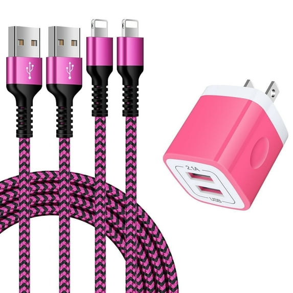 Compatible for iPhone Charger,2 Pack 6FT USB Charging Cable+2 Port Wall Charger Block,Fast Charging Braided Cord with USB Power Adapter Compatible for iPhone 14 13 12 11 Pro Max,iPad,AirPods(Pink)