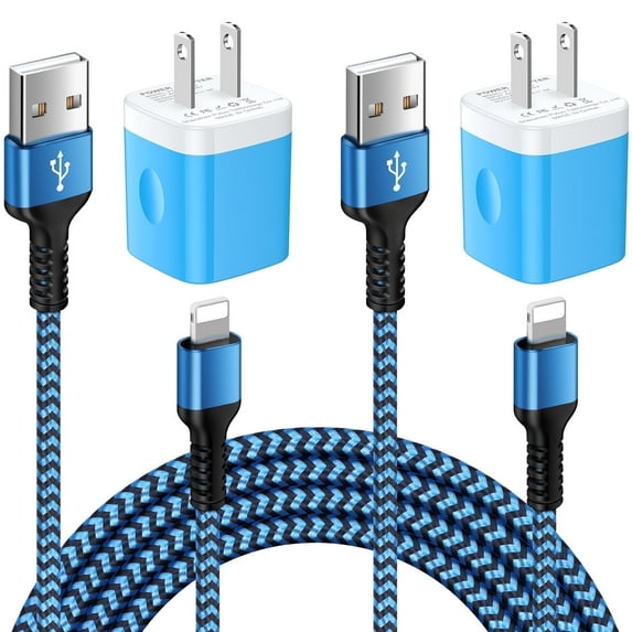 Compatible for iPhone Charger Block, 2 Pack USB Charging Block with Charging Cable 10FT, USB Wall Charger Adapter USB Brick Cube Power Base Fast Charger Station Compatible for iPhone, Blue