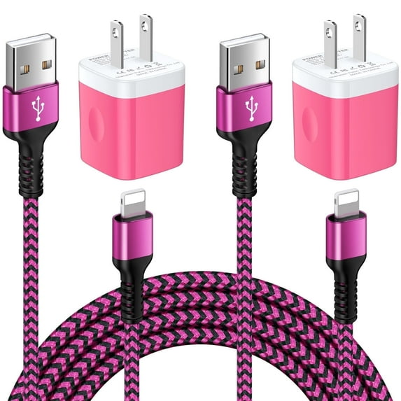 Compatible for iPhone Charger Block, 2 Pack USB Charging Block with Charging Cable 10FT, USB Wall Charger Adapter USB Brick Cube Power Base Fast Charger Station Compatible for iPhone, Pink
