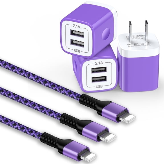 Compatible for iPhone Charger, Bioonis 3 Pack Dual Port Charger Block with Charging Cable 6FT, Wall Charger Adapter USB Brick Cube Box Charging Station Power Adapter Compatiable for iPhone, Purple