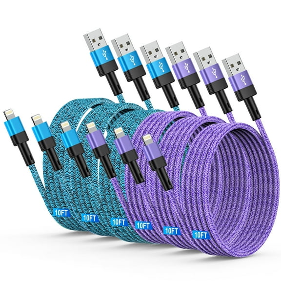 iPhone Charger Cable,6Pack Nylon Braided USB A to Lighting Charge Cords 10FT iPhone Power Cords 3A High Speed Data Sync Cable Fast Charging Wire USB Lighting Cable 10FT Compatible with iPhone/iPad