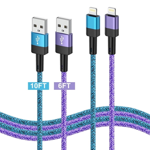 iPhone Charger Cable,Zacenei 2Pack Nylon Braided 6FT USB A to Lighting Charge Cords 10FT 3A High Speed Data Sync Fast Charging Wire USB Lighting Cable 6/10FT Power Cords Compatible for iPhone/iPad