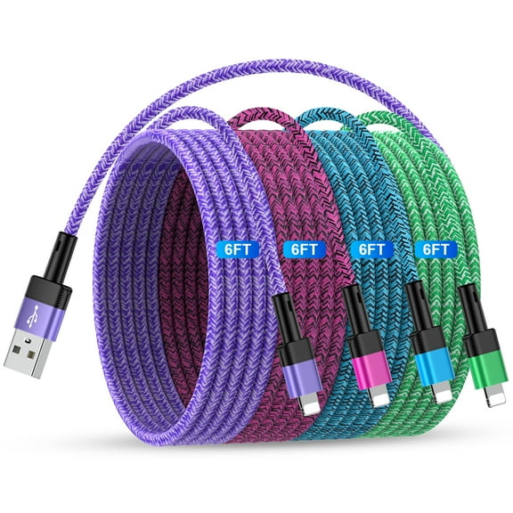 iPhone Charger Cable,Zacenei 4Pack Nylon Braided USB A to Lighting Charge Cords 6FT iPhone Power Cords 3A High Speed Data Sync Cable Fast Charging Wire USB Lighting Cable Compatible with iPhone iPad