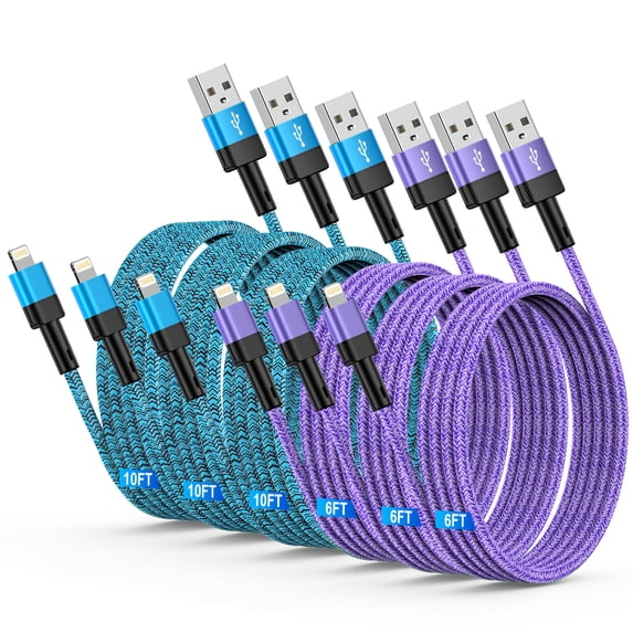 iPhone Charger Cable,Zacenei 6Pack Nylon Braided 6FT USB A to Lighting Charge Cords 10FT 3A High Speed Data Sync Fast Charging Wire USB Lighting Cable 6/10FT Power Cords Compatible for iPhone/iPad