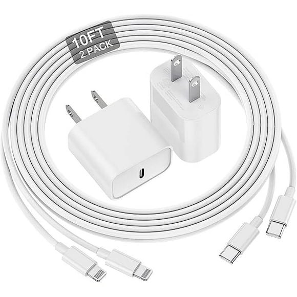 for iPhone Charger Fast Charging 10 Ft, 20W USB C Rapid Phone Charger Block with Long USB C to Lighting Cable 10 Foot, Compatible with iPhone 14 Pro/13 Pro Max/12/11Pro/Mini/SE, 2 Pack - White