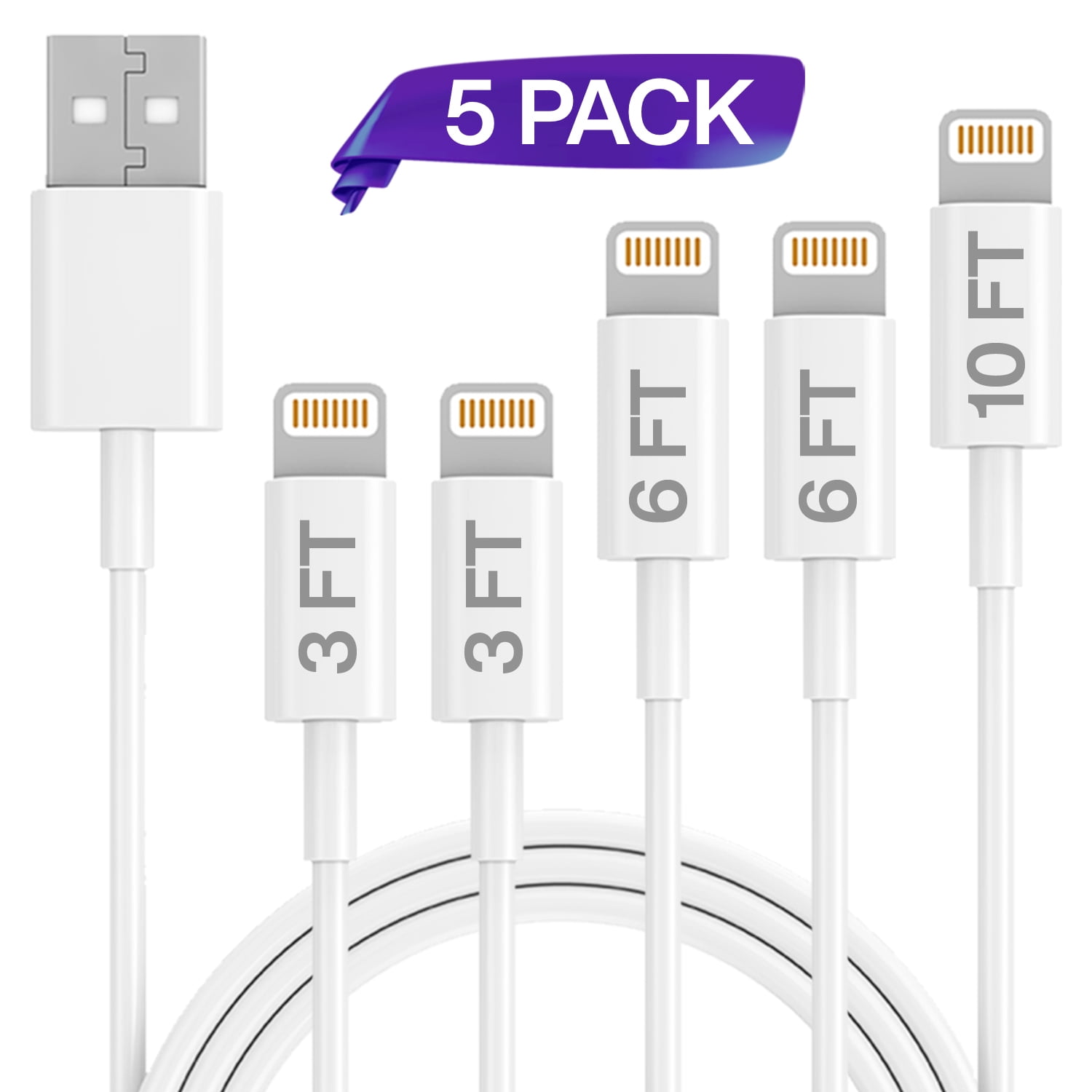 iPhone Charger Lightning Cable 5 Pack 2 x 3FT 2 x 6FT 10FT USB Cable For Apple iPhone xs xs Max xr x 8 8Plus 7 7Plus 6S 6SPlus iPad Air