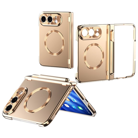 for iPhone Duo Case Compatible with MagSafe, Built-in Crystal Clear Screen Protector [Double Hinge Protection with Pen Holder + Stylus] Hard PC Shockproof Phone Cover, Gold