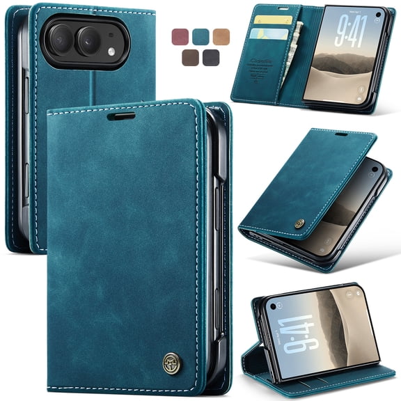For iPhone Duo Case Wallet with Card Holder and Cash Pocket,Adjustable Kickstand,Magnetic Closure,Leather Matte Slim Flip Phone Case with RFID Blocking Cover for Men/Women,Blue