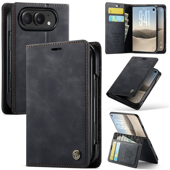 For iPhone Duo Case Wallet with Card Holder and Cash Pocket,Adjustable Multi-angle Kickstand,Magnetic Closure Microfiber Lining,Slim Flip Phone Case with RFID Blocking Cover for Men/Women,Black
