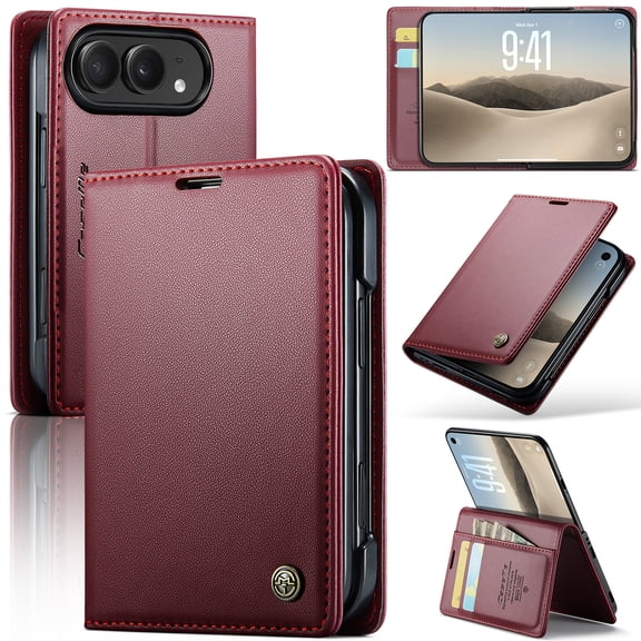 For iPhone Duo Case Wallet with Card Holder and Cash Pocket,Adjustable Multi-angle Kickstand,Microfiber Lining,Slim Lightweight Flip Phone Case with RFID Blocking Cover for Men/Women,Red
