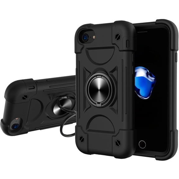 iPhone SE 2020 Case(2nd Gen), iPhone 8/iPhone 7 Case, [360?Rotatable Ring Holder] Magnetic Metal Kickstand Hard PC + Soft Silicone Hybrid Rugged Impact Resistant Cover, Black