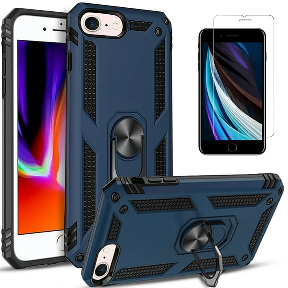 iPhone SE 2020 Case, iPhone 7 / 8 Case, [Not Fit iPhone 7 Plus / 8 Plus] With [Tempered Glass Screen Protector Included], STARSHOP Drop Protection Ring Kickstand Cover- Ink Blue