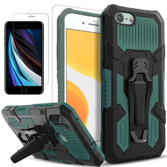 iPhone SE 2020 Case, Dual Layers [Combo Holster] And Built-In Kickstand Bundled with [Temerped Glass Screen Protector] Hybird Shockproof (Green)
