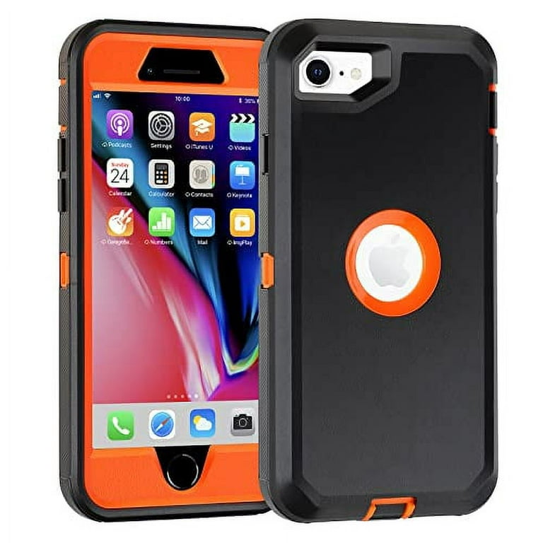 iPhone SE 2020 Case,iPhone SE 2022 Case,3 in 1 Built-in Screen Full Body  Protector Phone Case,Shockproof TPU Hard PC Bumper Drop-Proof Shell for iPhone  SE 2nd 3nd 4.7 inch Black/Orange 