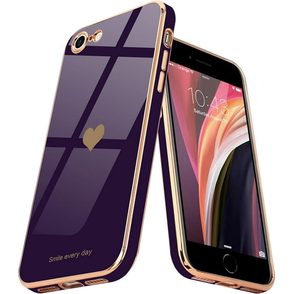 for iPhone SE 2020 Case, iPhone 7 Case, iPhone 8 Phone Case for Women Girl Cute Love-Heart Luxury Bling Plating Soft Back Cover Camera Protection Bumper Silicone Shockproof Case, Dark Purple