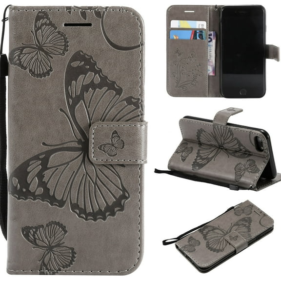 iPhone SE 2020 Case, iPhone 8 Wallet Case, iPhone 7 Case, Dteck Embossed Big Butterfly Magnetic Flip PU Leather Folio Stand Case Cover Built-in Card Slots & Money Pocket, with wrist Strap, Gray