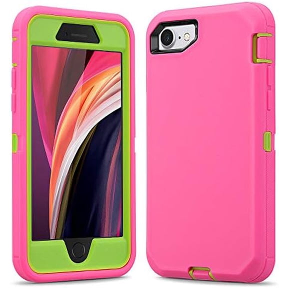 for iPhone SE 2020 /SE 2022 / iPhone 7 / iPhone 8 Case, Heavy Duty Shockproof Case for Women & Girls, Full BodyPortection Hard Bumpe Soft Silicone Cover with Screen Protector (Pink/Green)