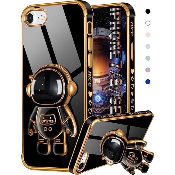 for iPhone SE 2022/2020/8/7 Case Astronaut Cute for Women Girls Girly Unique Black Phone Cases with Astronaut Hidden Stand Kickstand 6D Design Cover for iPhone 7/8/SE 4.7 inch