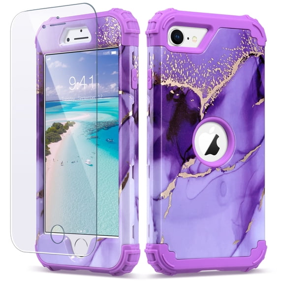 iPhone SE 2022 2020 Case With Screen Protector, iPhone 7 Case, iPhone 8 Case, ULAK Heavy Duty 3 Layer Shockproof Protective Phone Case for iPhone 7/8/SE 3rd 2nd Generation, Purple Marble