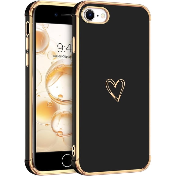 for iPhone SE 2022/2020 Case, for iPhone 8 Case for iPhone 7 Case Luxury Cute Gold Heart for Women Girls, Full Camera Protector Shockproof Protective Corner Cover -Black