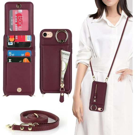 iPhone SE 2022/2020 Phone Case with Card Holder,iPhone 7/8 Case Wallet for Women Men with Strap,Crossbody Lanyard Cases with Credit Card Slots Kickstand and Stand Ring Holder Case,4.7",Burgundy