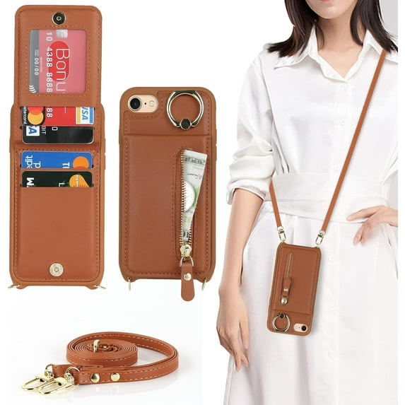 iPhone SE 2022/2020 Phone Case with Card Holder,iPhone 7/8 Case Wallet for Women Men with Strap,Crossbody Lanyard Cases with Credit Card Slots Kickstand and Stand Ring Holder Case,4.7",Brown