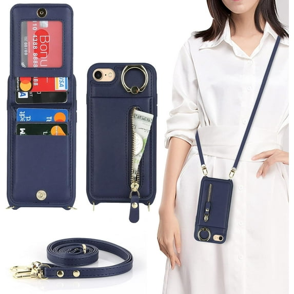 iPhone SE 2022/2020 Phone Case with Card Holder,iPhone 7/8 Case Wallet for Women Men with Strap,Crossbody Lanyard Cases with Credit Card Slots Kickstand and Stand Ring Holder Case,4.7",Blue