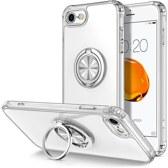 for iPhone SE 2022/2020, iPhone 7 Case, iPhone 8 Case Clear, Transparent Body with Ring Holder Stand Magnetic Kickstand, Anti-Scratch Hard PC Shockproof Protective Phone Cases, Clear/Silver