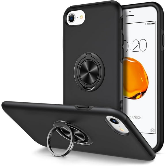 for iPhone SE 2022/2020, iPhone 7 Case, iPhone 8 Case, Heavy Duty Defender Protective Phone Cases with Ring Holder Stand Magnetic Kickstand, Hard Shell Shockproof Military Bumper Cover, Black