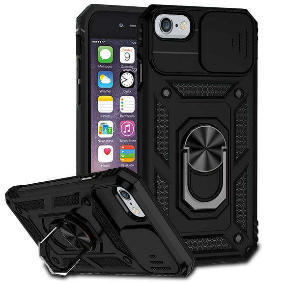 iPhone SE 2022 3rd Generation / iPhone SE 2020 2nd Generation / iPhone 8 / iPhone 7 Kickstand Armor Case with Slide Camera Lens Protection Built-in 360° Rotate Ring Holder Stand Magnetic,
Black
