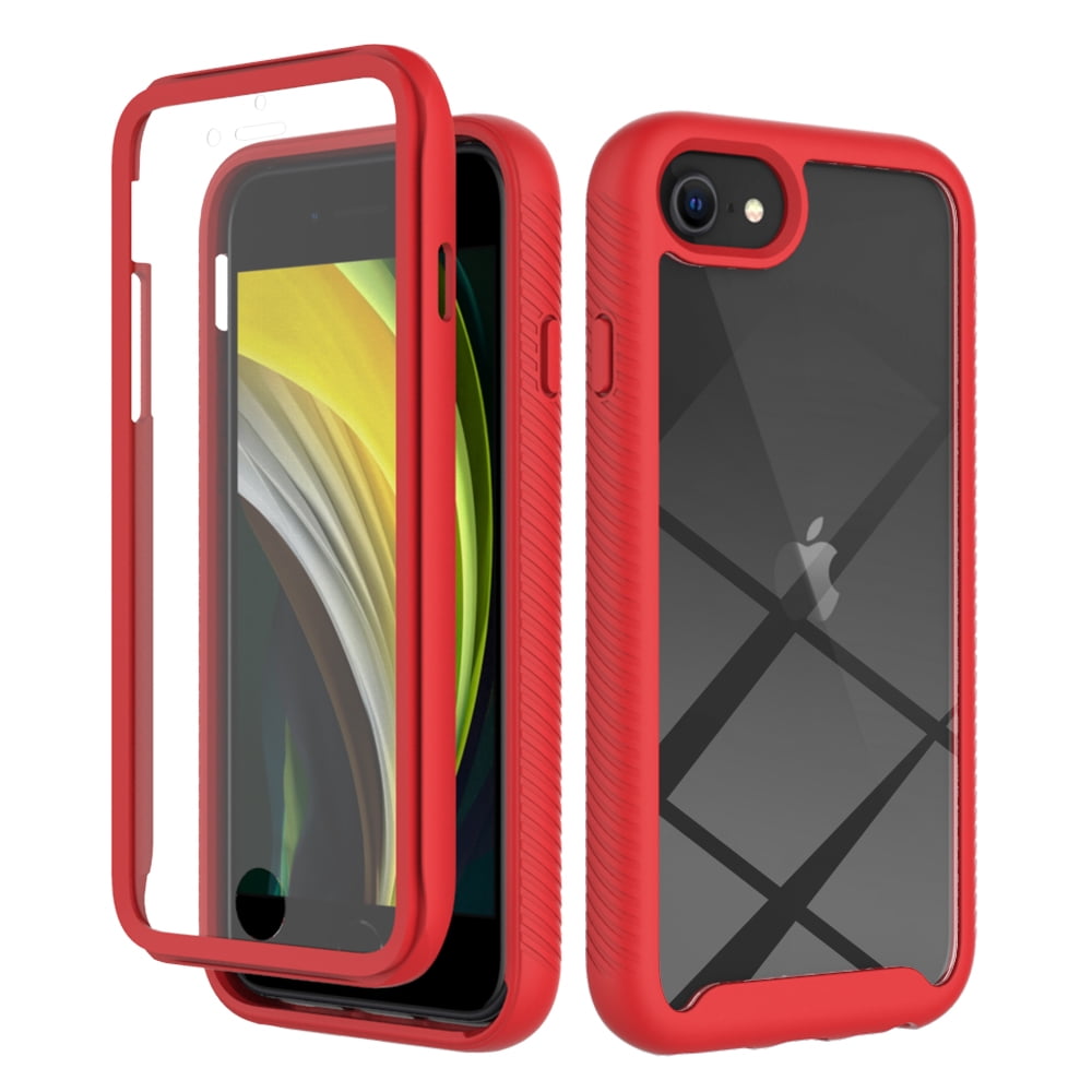 iPhone SE 2020/2022 3-in-1 Full Body Case, Built-in Screen Protector,  Shockproof TPU & Hard PC Bumper, Drop-Proof Shell - Red/Black