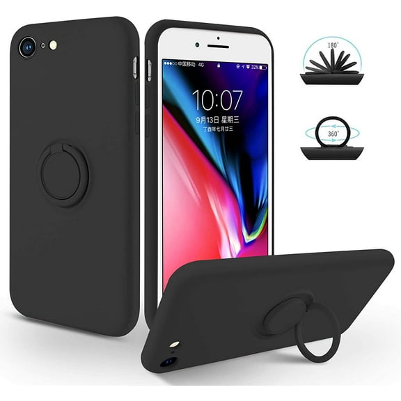 iPhone SE 2022 Case, Phone Case iPhone SE 2020, iPhone 8 Case, iPhone 7 Case, Slim Silicone Protective Kickstand Ring Holder Soft Bumper Girls Women Boys Men Cover, Black