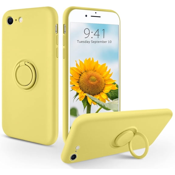 iPhone SE 2022 Case, Phone Case iPhone SE 2020, iPhone 8 Case, iPhone 7 Case, Slim Silicone Protective Kickstand Ring Holder Soft Bumper Girls Women Boys Men Cover, Yellow