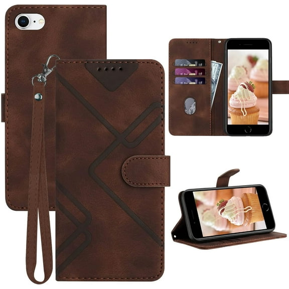 for iPhone SE 2022 Case/SE 2020 Case,iPhone 8/7 Case,6/6S Phone Case Wallet Card Holder,Leather Stand Flip Cases,Wrist Strap,Magnetic Closure,Shockproof Protective Cover (Brown)